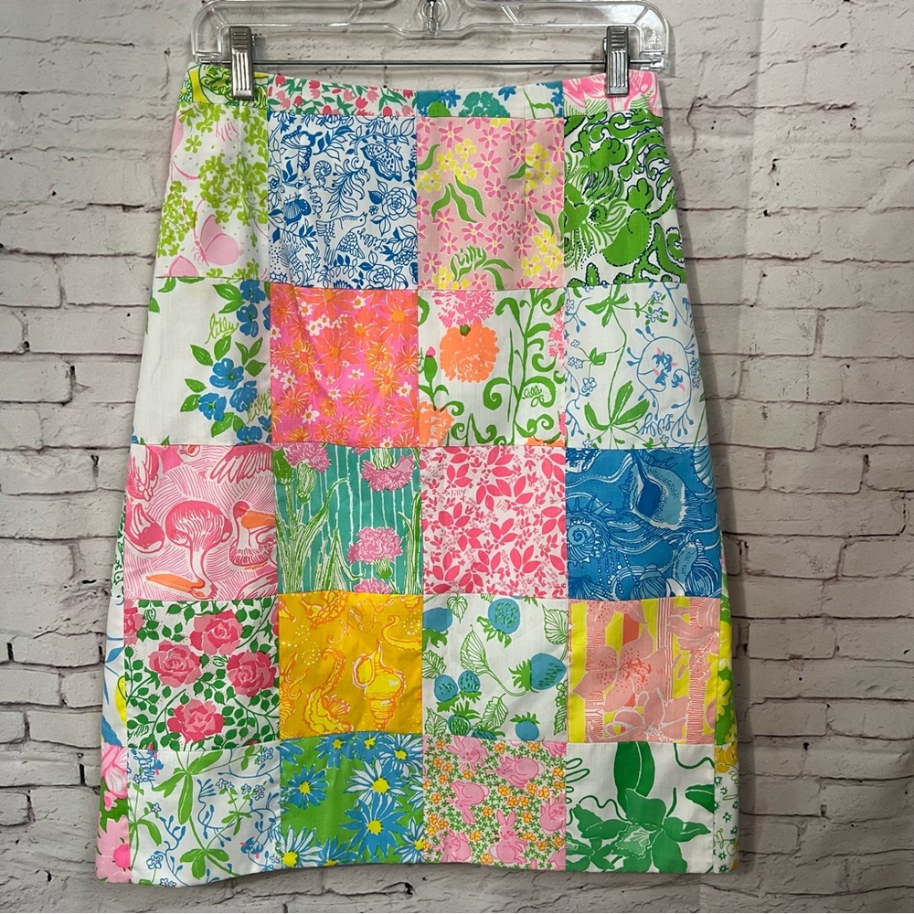 Vintage 70s Lilly Pulitzer Patchwork Midi Skirt Sz 10 Floral Bunnies Berries